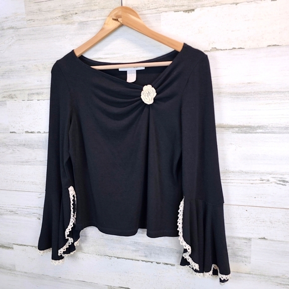 Vintage Y2K Black Knit Top MP Flared Sleeves Rosette Flower Balletcore Soft Girl - Picture 12 of 16